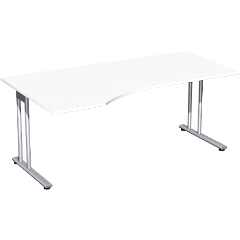 White desk with silver legs. The tabletop has a curved edge.