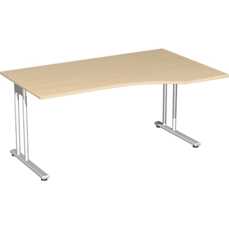 Beige desk with silver legs. The tabletop is rounded and has an ergonomic shape.