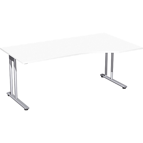 White desk, tabletop with rounded edge. Silver legs.