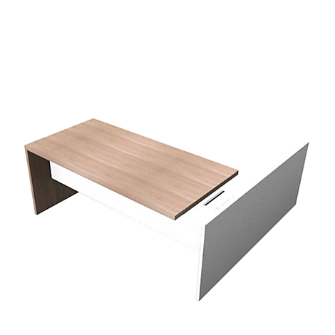 A modern desk with a wooden table top, white body and gray side element.
