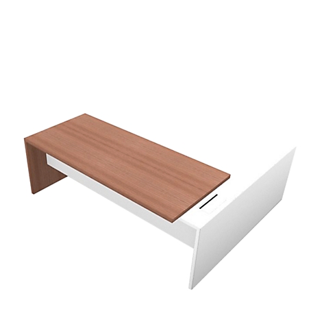 A coffee table. Brown wood on top, a white frame underneath. The table is depicted on a white background.