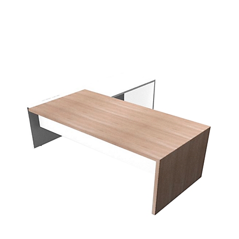 Wooden desk with white panel. Grey partition in the background.