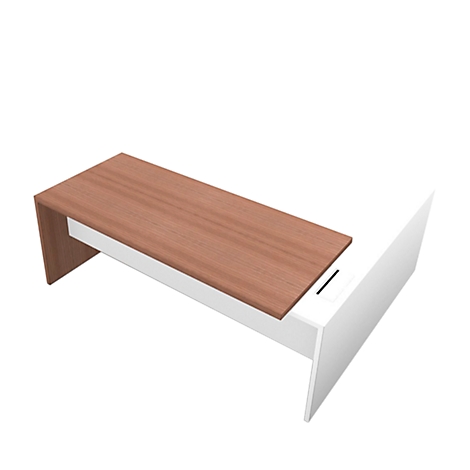 Desk with brown wooden top, white base and a black line.