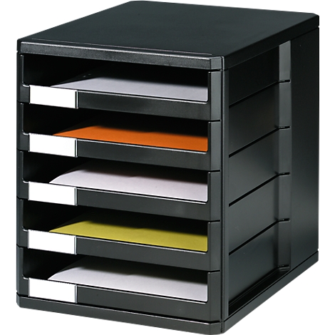 Black file organizer with six drawers, partially filled with colored paper. White labels on the drawers.