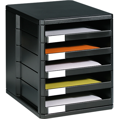 Black letter tray organizer with six compartments. Some compartments are filled with colored papers.