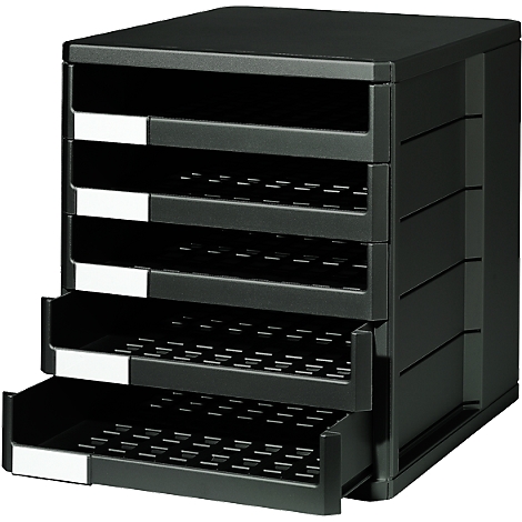 Black document organizer with six compartments. Two drawers are open, with white label holders.