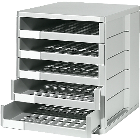 Gray document organizer with 5 drawers, two of them open.