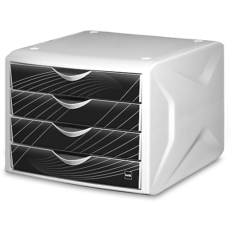 A white drawer tower with four drawers. The drawer fronts are black with white, curved lines. Metal handles.