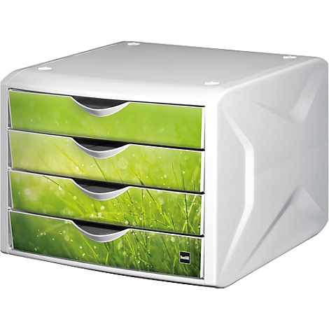 White drawer system with four drawers, the fronts of which are printed with a grass landscape.
