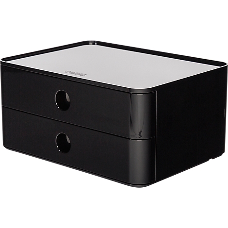 Black drawer cabinet with two drawers, glossy lid, round openings.