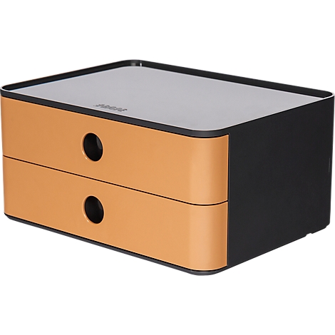 Dark gray chest of drawers with two drawers and black handles, bronze-colored front.
