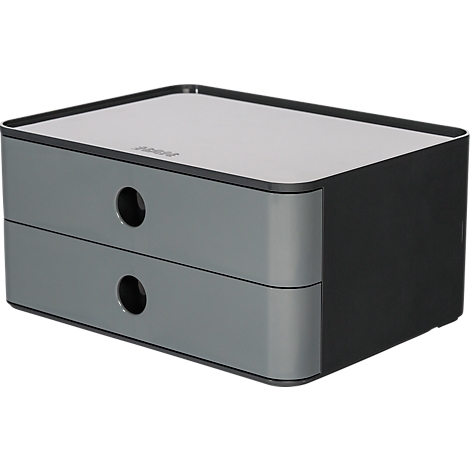 Gray drawer box with two drawers and black handles. There is a light area on top, the rest is gray.