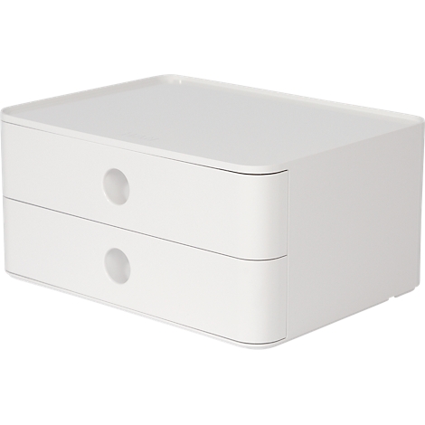 White desk organizer with two drawers and circular handles.