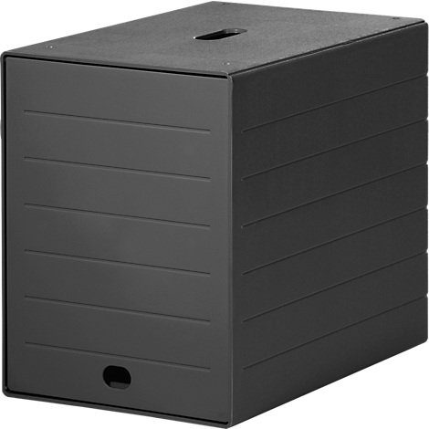 Black, stackable storage box with grooves, handle hole, and recess.