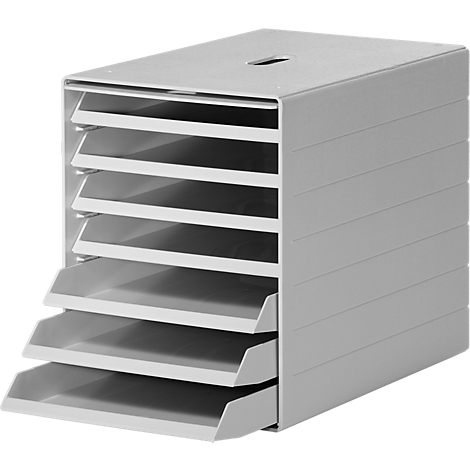 Light grey document organizer with 7 compartments. Top tray with slot, deep trays.