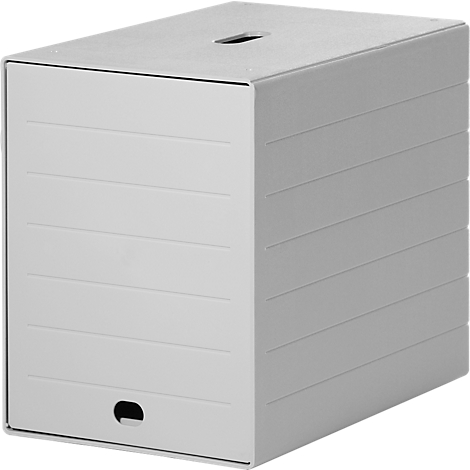 Gray paper box, with slot on top and handle at the bottom.