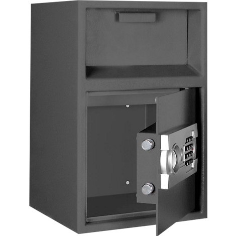 Een grijze kluis, de deur is open, het cijferslot is zichtbaar.