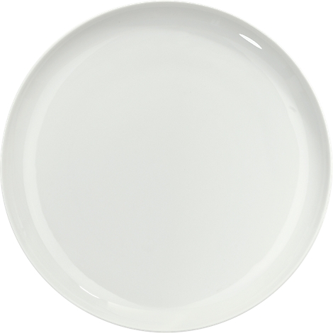 A white, round porcelain plate, with a slightly raised edge.