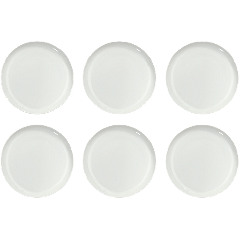 Six round, white plates arranged in two rows.
