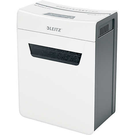 Déchiqueteuse de papier Leitz blanche avec une fenêtre sombre montrant du papier déchiqueté.