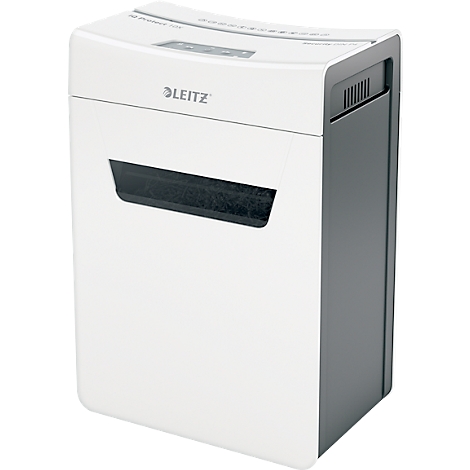 Destructeur de documents blanc avec le logo "Leitz". L'alimentation papier noire est sur le devant, l'arrière est gris.