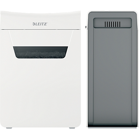 Déchiqueteuse blanche avec bac de collecte gris. Le bac à papier est rempli de papier déchiqueté. La marque 'LEITZ' est visible.