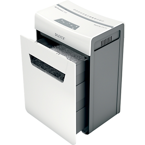 Déchiqueteuse avec bac de récupération ouvert. Blanc-gris. Le papier est dans le bac.