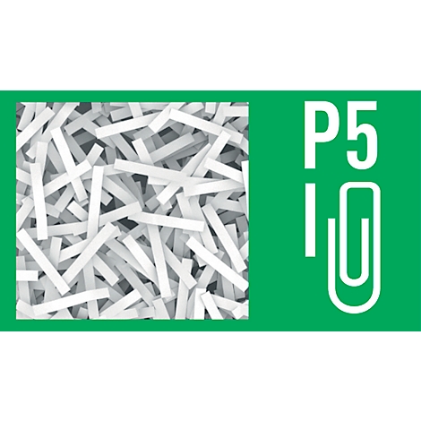 Tas de papier déchiqueté avec l'inscription P5 et un symbole de trombone sur fond vert.