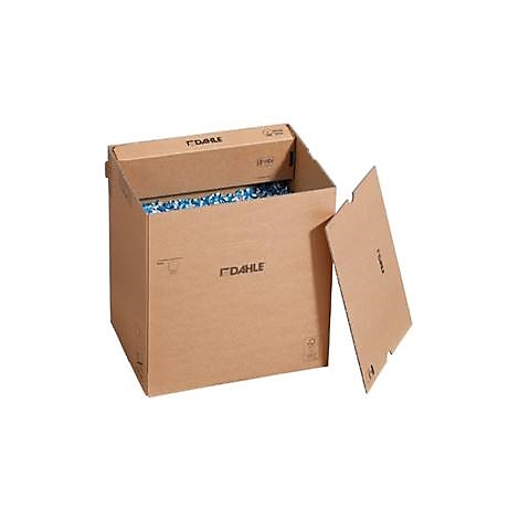 Une boîte en carton marron Dahle ouverte remplie de papier déchiqueté bleu.