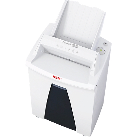 Déchiqueteuse de papier blanche avec les lettres "HSM" et le mot "SECURIO".