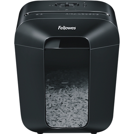 Destructeur de documents Fellowes noir avec fenêtre de visualisation sur papier déchiqueté, sur fond neutre.
