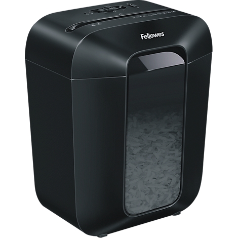 Destructeur de documents Fellowes noir avec fenêtre transparente sur un fond neutre.