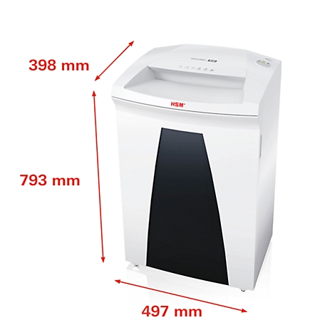 Une déchiqueteuse de papier blanche avec des accents noirs, dimensions : 793 mm de haut, 497 mm de large et 398 mm de profondeur. Logo : 'HSM'.