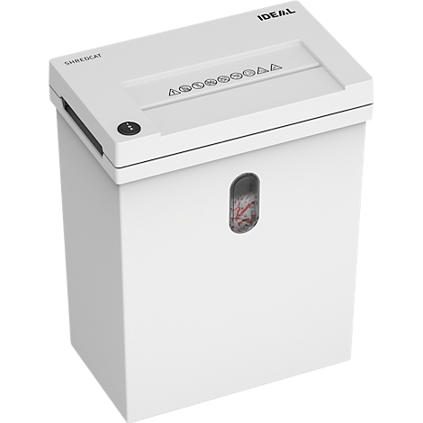 Déchiqueteuse de papier blanche, étiquettes SHREDCAT et IDEAL. Une fenêtre transparente indique le niveau de remplissage.