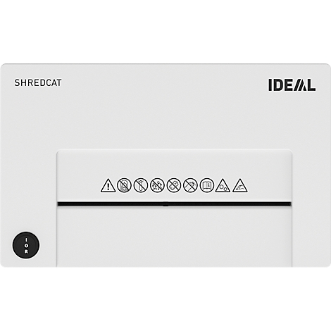 Gros plan sur un destructeur de documents blanc. 'SHREDCAT' en haut à gauche, 'IDEAL' à droite. Symboles d'avertissement en dessous.