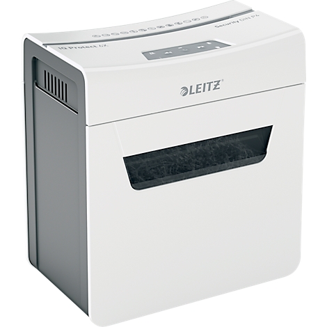 Déchiqueteuse blanche et grise. Le logo Leitz est visible. Il y a un panneau de commande en haut et une fente pour le papier.
