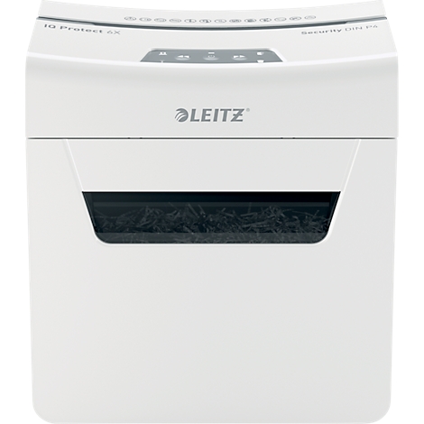 Déchiqueteuse de papier blanche avec logo Leitz. Sortie de papier noire. Boutons en haut.