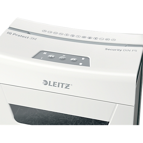Déchiqueteuse blanche, logo Leitz, commandes, étiquetage : IQ Protect 3M, Security DIN P5.
