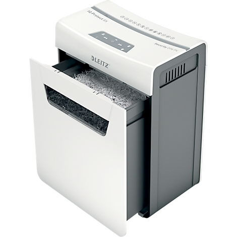 Déchiqueteuse de papier Leitz avec bac de récupération ouvert. Le bac est rempli de papier déchiqueté.