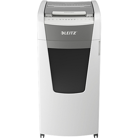 Déchiqueteuse de papier blanche de la marque Leitz. Éjection de papier en haut, panneau gris en dessous, bac de collecte noir.