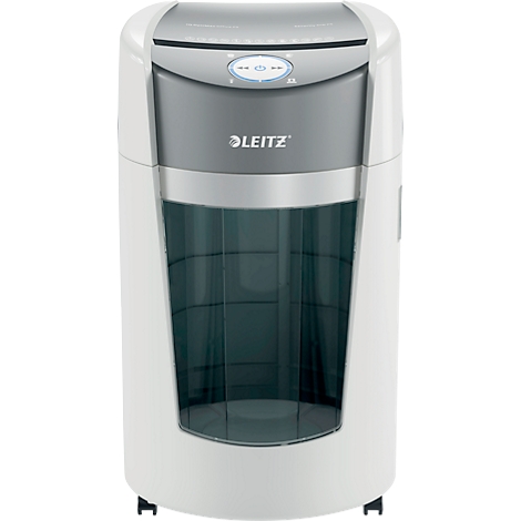 Déchiqueteuse blanche avec couvercle gris. Le logo Leitz est visible. Il y a des commandes en haut.
