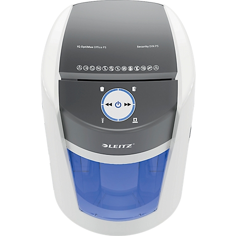 Un destructeur de documents blanc et gris, avec un bac de collecte bleu, marque LEITZ.