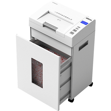 Un destructeur de documents blanc, tiroir ouvert. Documents déchiquetés visibles. Panneau de contrôle avec boutons.