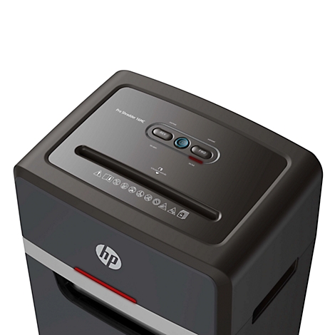 Vue de dessus d'un destructeur de documents noir de la marque HP. Une fente d'alimentation et des boutons de commande sont visibles en haut.