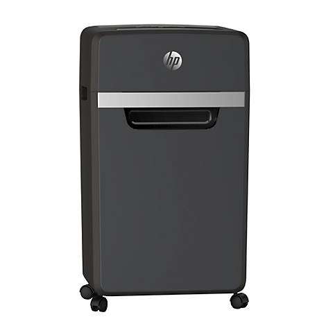 Déchiqueteuse de papier noire, logo HP, bande argentée, alimentation papier, roulettes.
