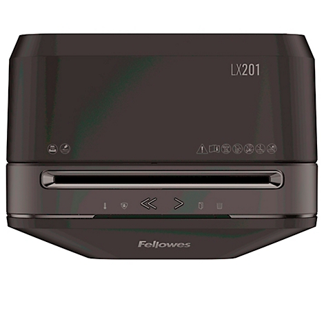 Déchiqueteuse de papier noire, avec l'inscription LX201 et Fellowes.