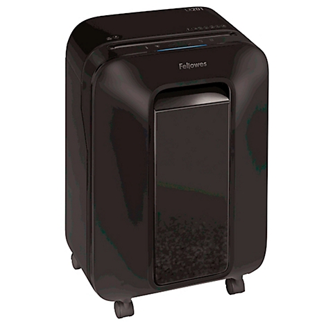 Déchiqueteuse de papier noire sur roulettes. "Fellowes" et "LZ201" sont en haut.
