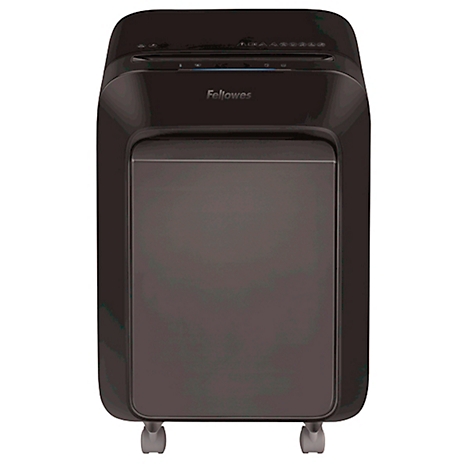 Déchiqueteuse de papier Fellowes noire, avec roues.