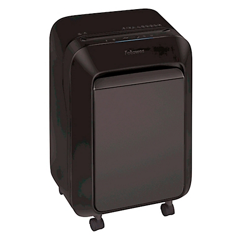 Déchiqueteuse noire avec roulettes. Le logo Fellowes est visible. Il y a une fente d'entrée sur le dessus.