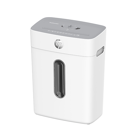 Déchiqueteuse de papier HP blanche avec couvercle gris et fenêtre.